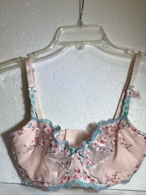 Victoria's Secret Blush Pink Embroidered Underwire Bra with Teal Trim